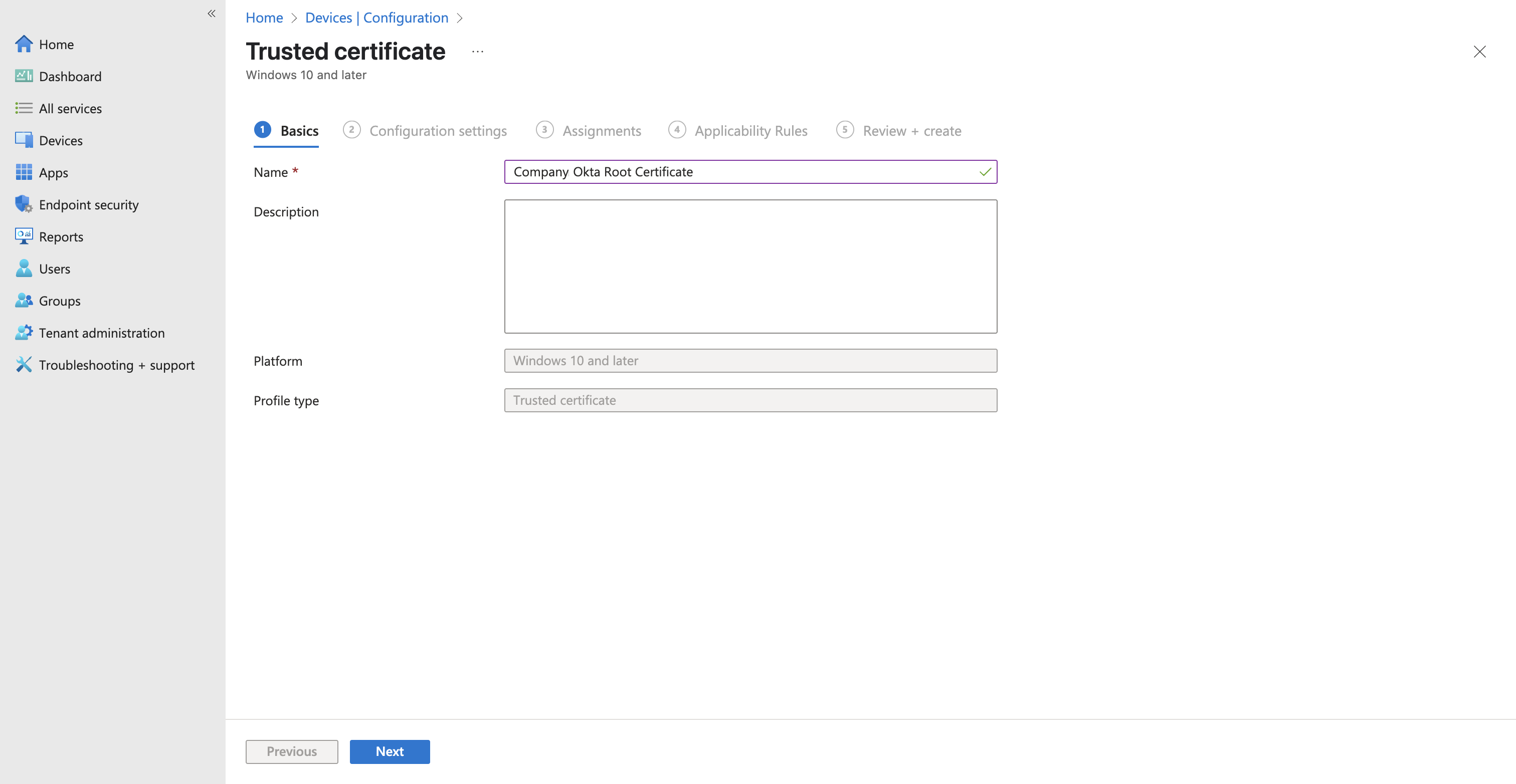 Basics tab of the Intune trusted certificate profile with the Okta root certificate name entered