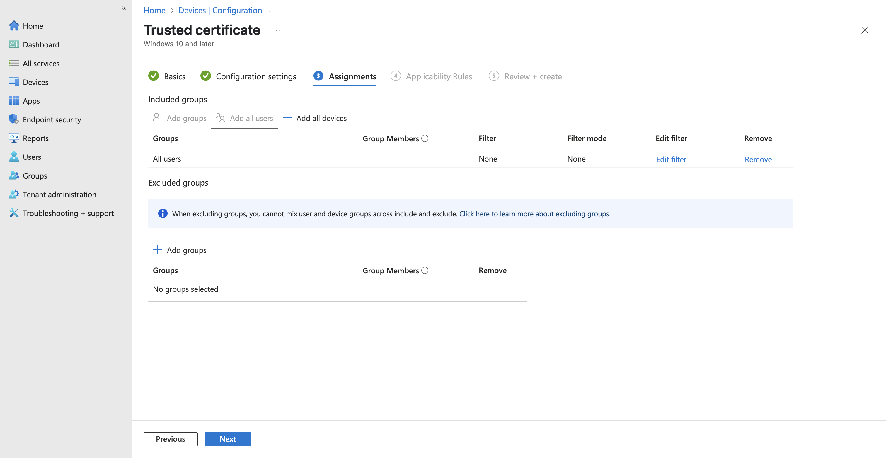 Assignments tab of an Intune configuration profile with All users added to included groups