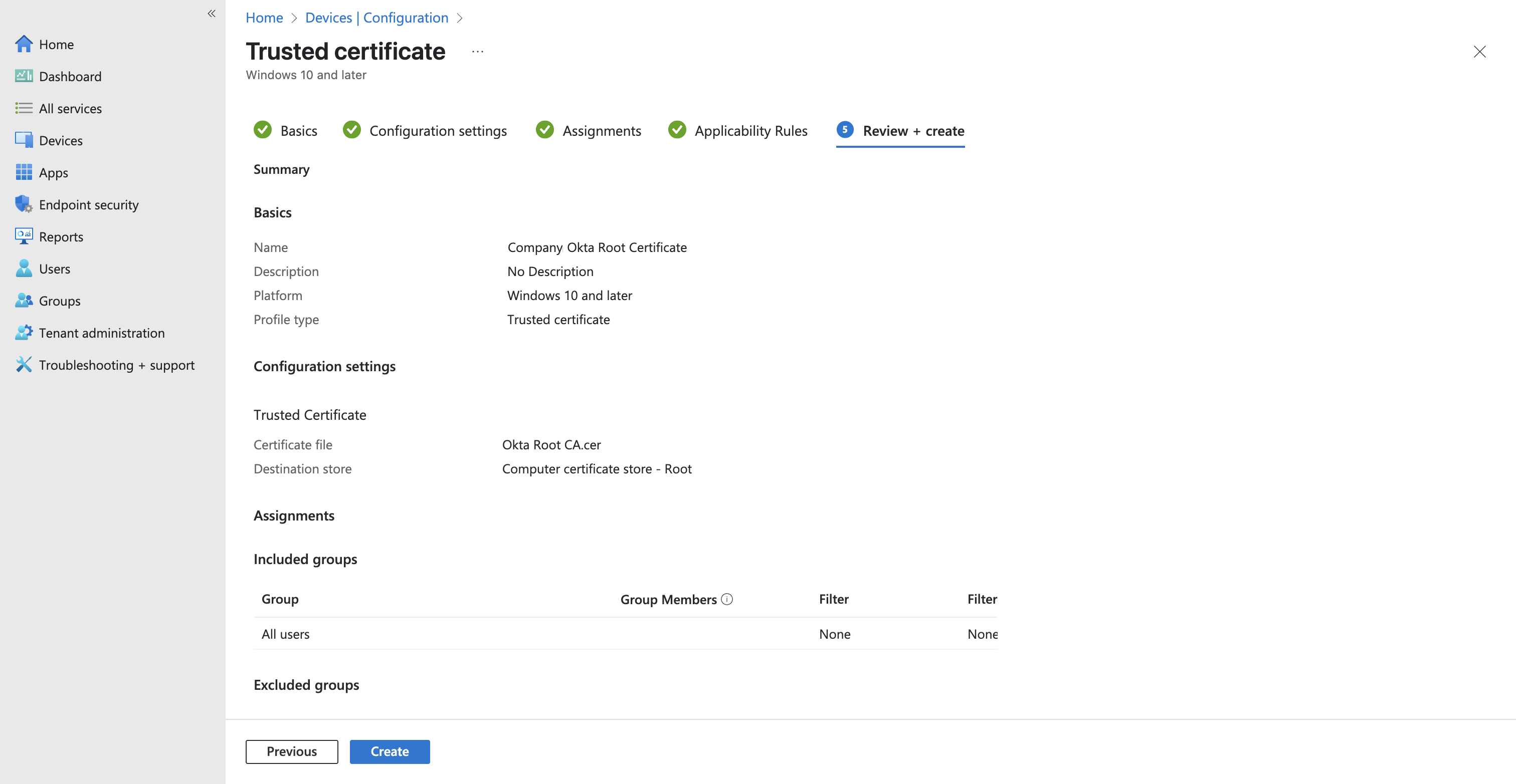 Review and create summary for the Okta root certificate profile, destination store set to Root