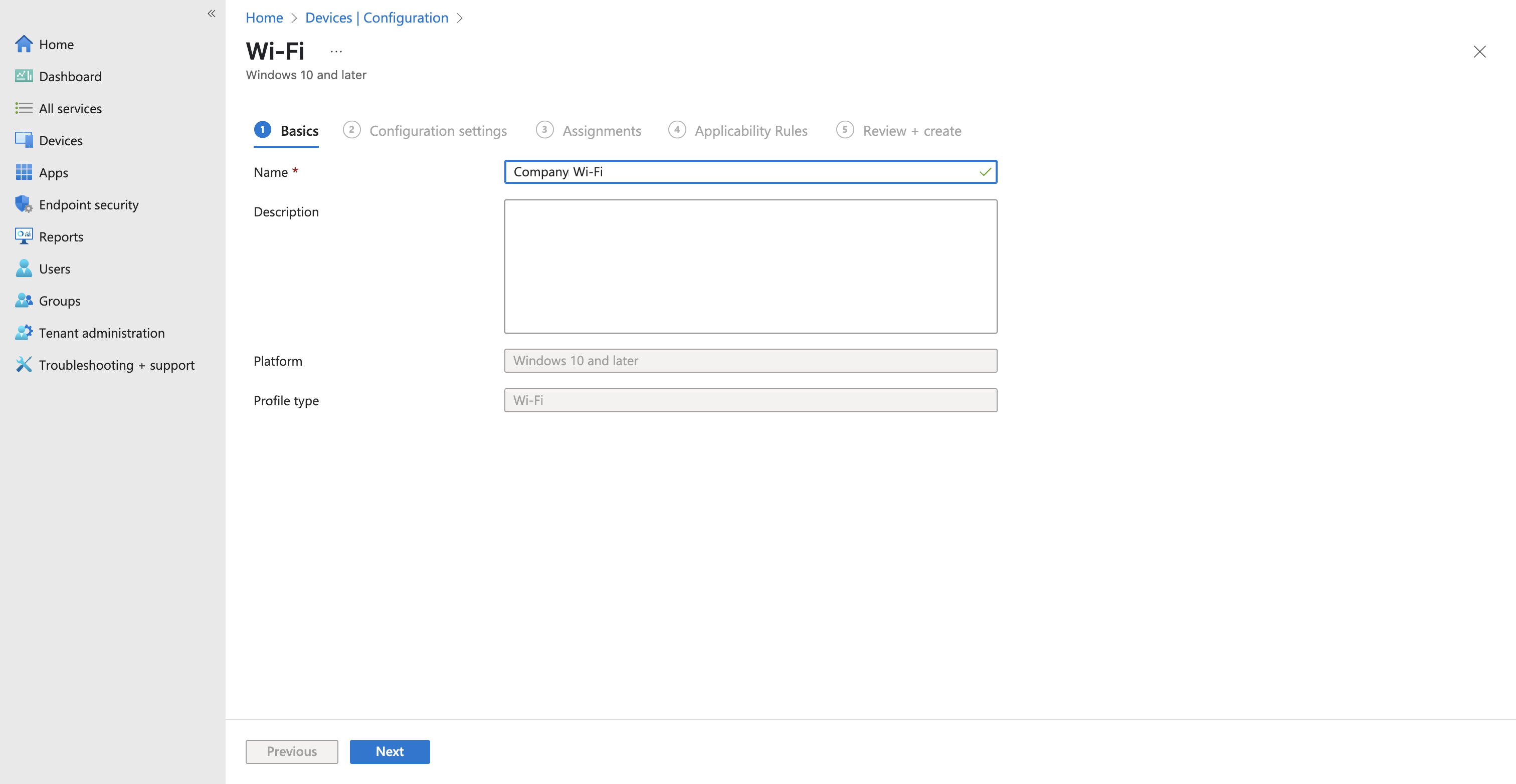 Basics tab of the Intune Wi-Fi configuration profile