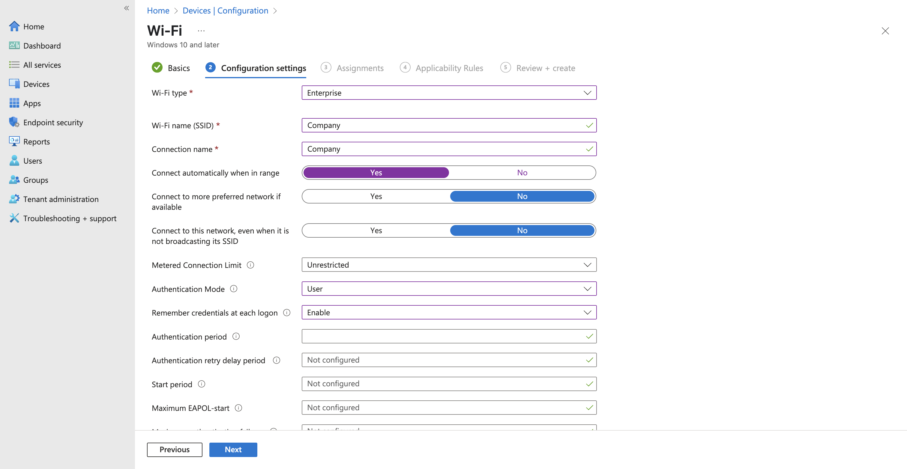 Wi-Fi profile settings showing Enterprise type, SSID, connection behavior, and User authentication mode