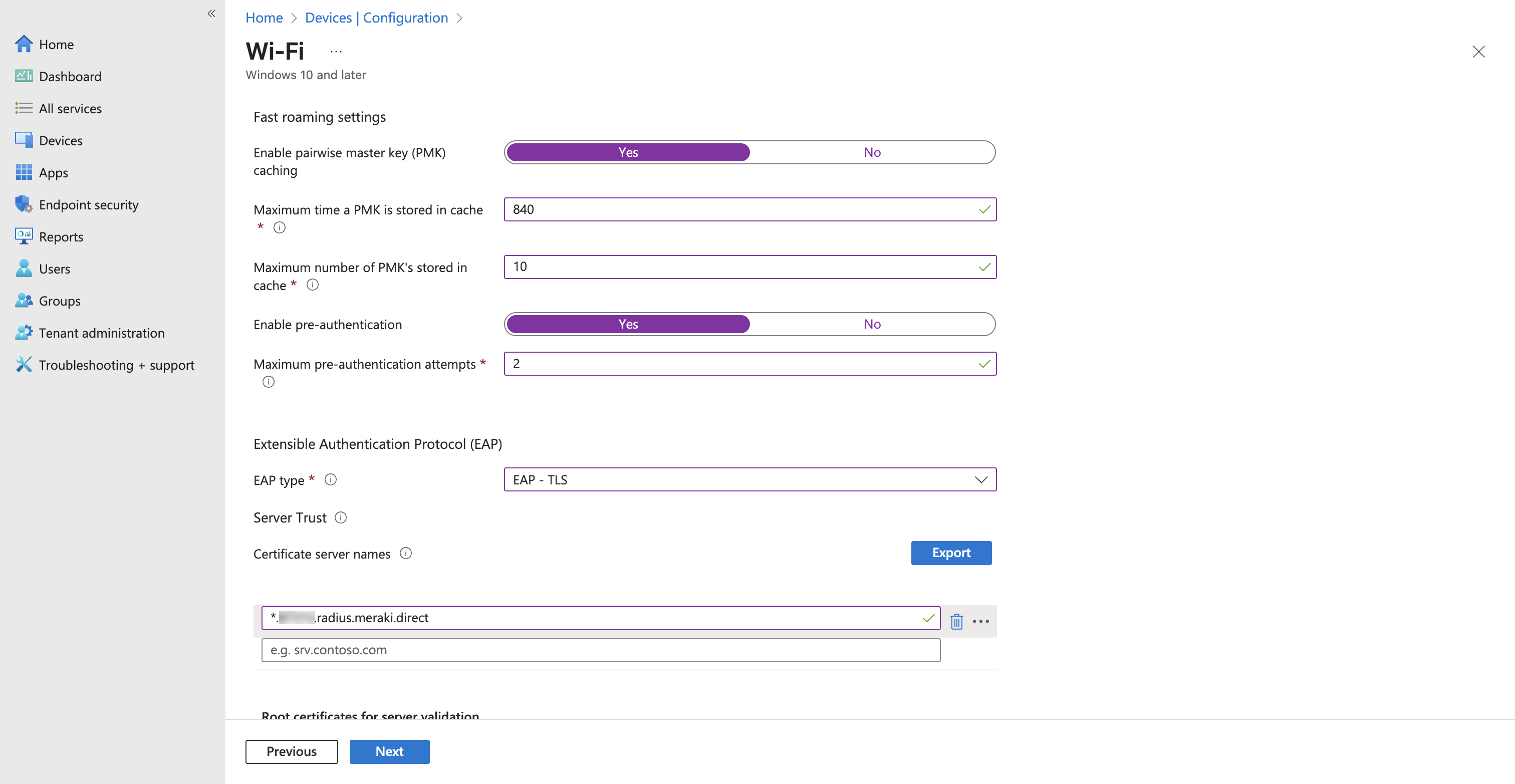 Fast roaming settings with PMK caching enabled and EAP type set to EAP-TLS