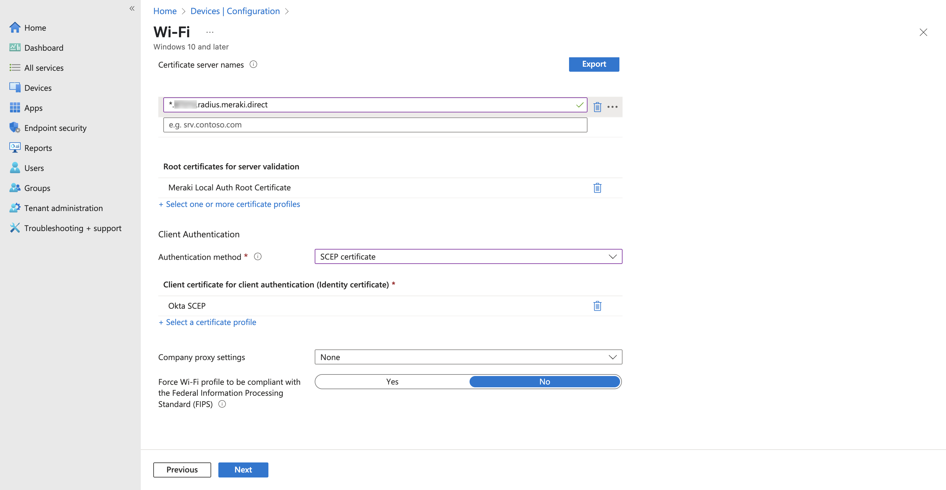 Certificate server names, root certificate for server validation, and SCEP identity certificate selection