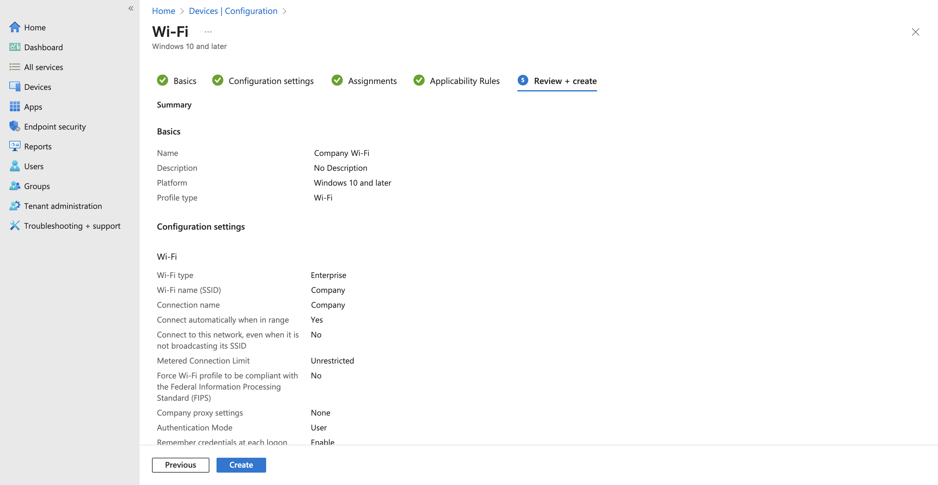 Review and create summary for the Intune Wi-Fi profile
