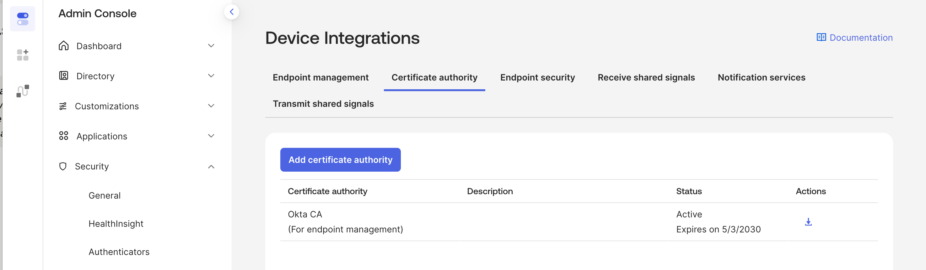 Okta Admin Console Device Integrations page, Certificate authority tab, showing the Okta CA with Active status and expiration date