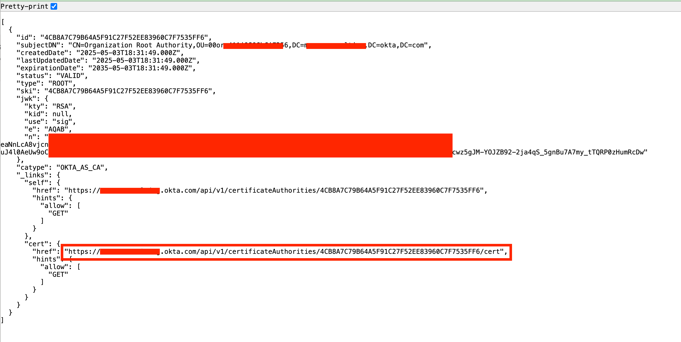 Okta certificate authorities API response in a browser, showing the root certificate download link