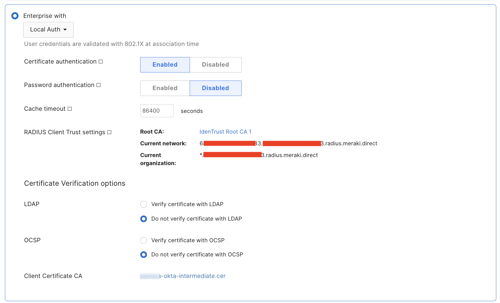 Meraki Access Control page set to Enterprise with Local Auth, certificate authentication enabled and password authentication disabled