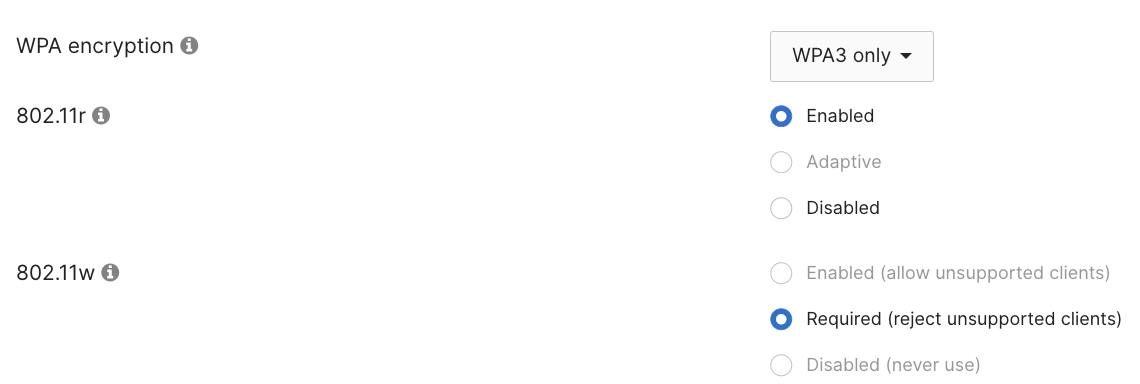 Meraki WPA encryption set to WPA3 only with 802.11r enabled and 802.11w required