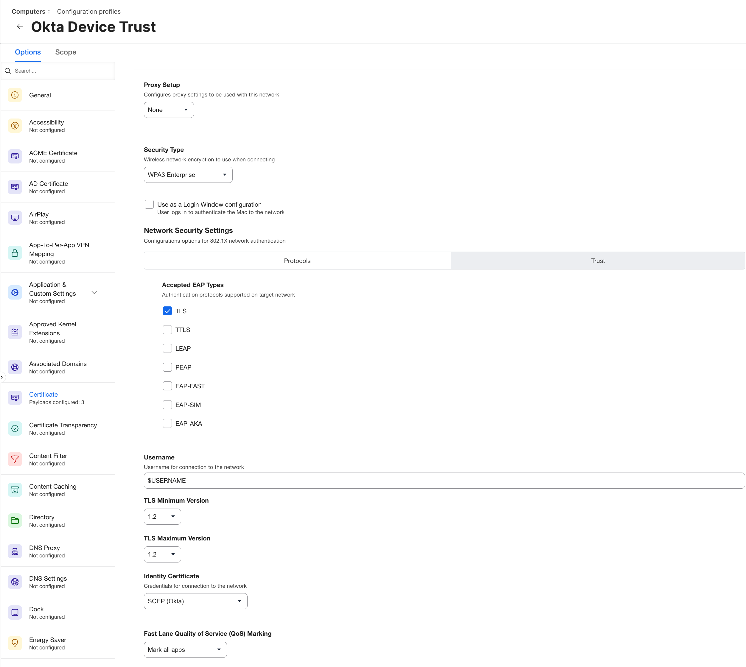 Jamf Network Security Protocols tab with only TLS checked under accepted EAP types