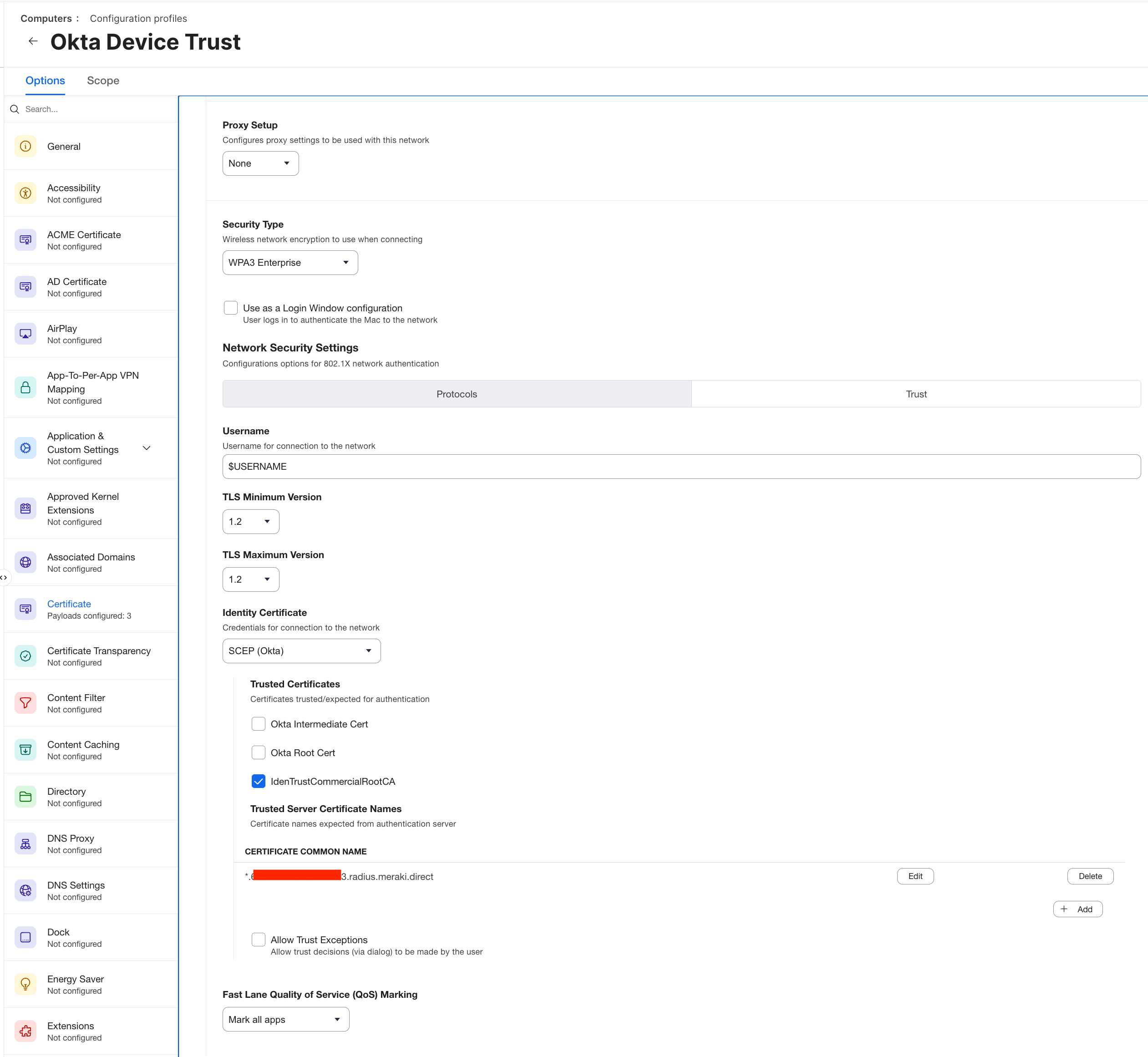 Jamf Trust tab showing the SCEP identity certificate, IdenTrust Commercial Root CA checked, and the pinned Meraki server certificate name